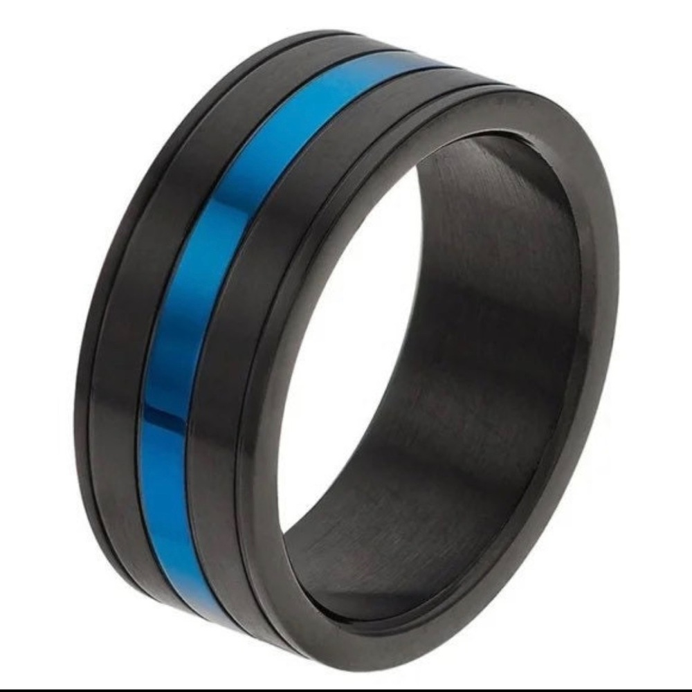 LYNX Men’s Striped Black & Blue Stainless Steel Ring size 9 men’s Stainless